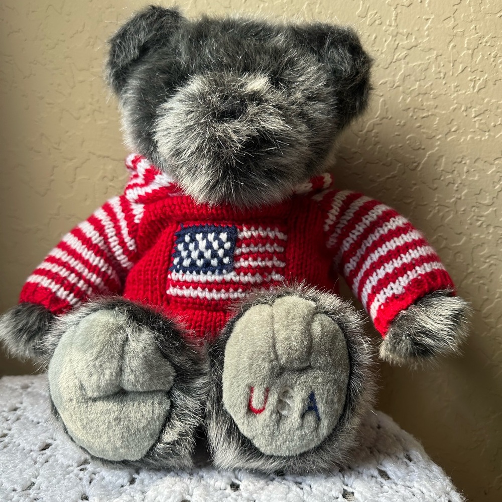 Dillard Plush Bear with Red Striped knit Hooded Sweater USA Printed Leg